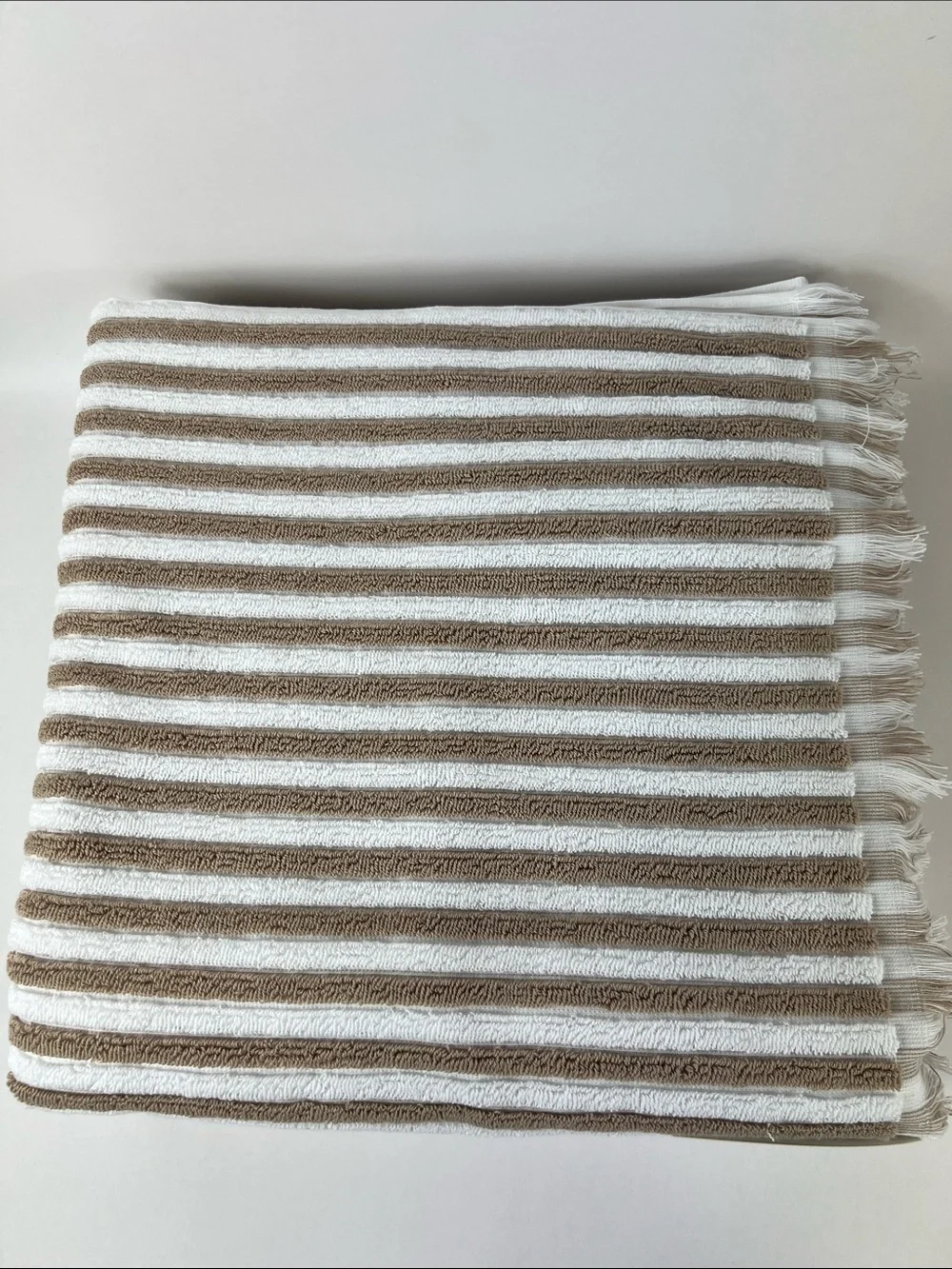 Rachel Zoe Bath Towel Set Beige White Striped with Fringe Soft Cotton 8 Pc NEW